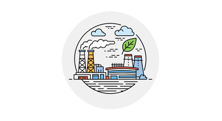 Modern circular illustration of an industrial power plant with smoking chimneys and a green leaf symbol for eco energy.