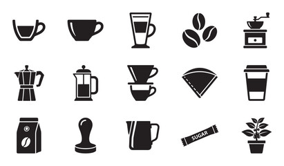Collection of black coffee-themed glyph icons representing cafe equipment and brewing methods, including a cup, beans, grinder, moka pot, french press, and pour-over dripper