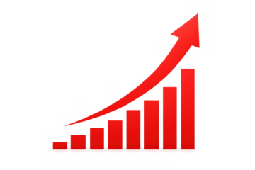 Red bar graph showing growth and increase with an upward arrow for business success and financial development
