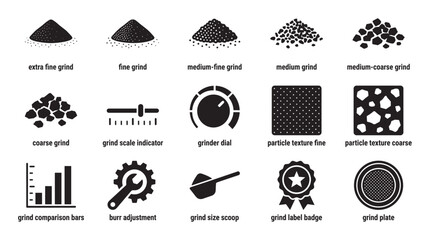 Collection of black coffee grind icons showing different particle sizes from extra fine to coarse with grinder parts like a burr, dial, and scale for instructional guides