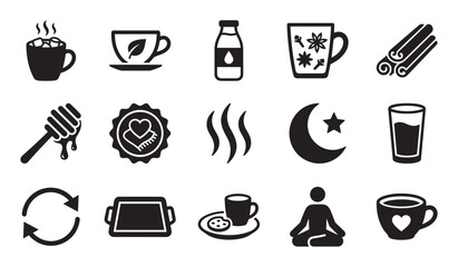Set of fifteen black minimalist icons for hot drinks and relaxation, featuring symbols for tea, cocoa, honey, spices, meditation, and cozy nighttime self-care rituals