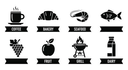 a collection of black food and drink icons on white depicting various culinary delights silhouette
