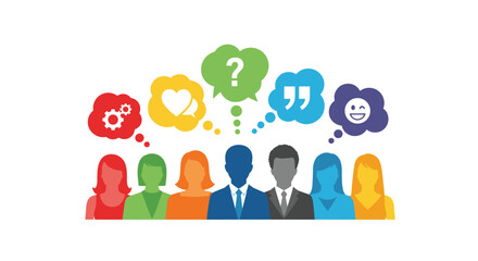Silhouettes of diverse people with vibrant thought bubbles containing different icons to represent various ideas and emotions.