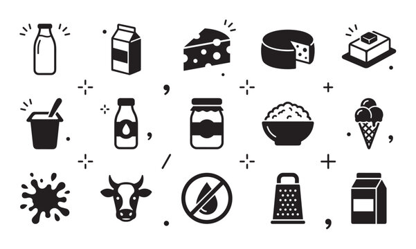 Dairy products icon set with milk, cheese, butter, and yogurt in a minimalist black glyph style for food and nutrition concepts, including a cow and lactose free symbol