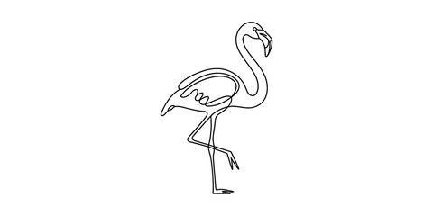 Continuous line drawing of a flamingo in profile view, balancing gracefully on a single leg © Badhon_Designer