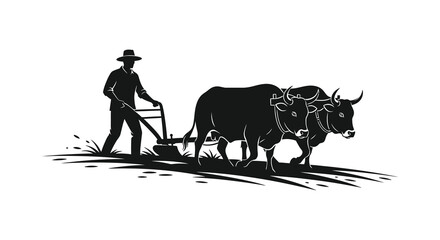 a farmer guiding a pair of oxen while plowing a field a striking black and white silhouette © mrvect02
