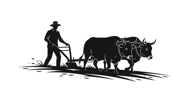a farmer guiding a pair of oxen while plowing a field a striking black and white silhouette