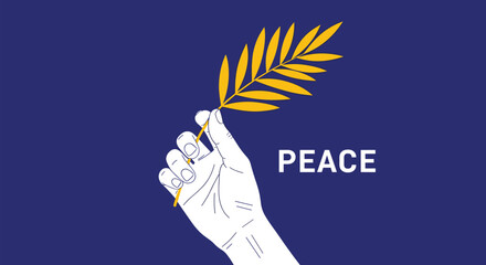 Hand holding a golden palm branch as a symbol of peace against a solid dark blue background with white text.