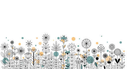 Meadow of whimsical black line art flowers and plants interspersed with colorful dots along the bottom of the frame.