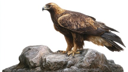 Majestic golden eagle standing on rocky cliff with detailed feathers powerful wild bird of prey isolated on white background