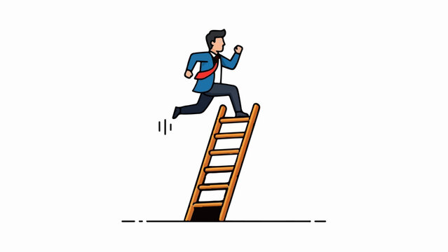 A man in a suit sprints up a wooden ladder, symbolizing ambition - Powered by Adobe