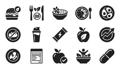 Set of fifteen black glyph icons for nutrition and healthy lifestyle concepts, illustrating various dietary choices like vegan, gluten-free, supplements, and balanced meals