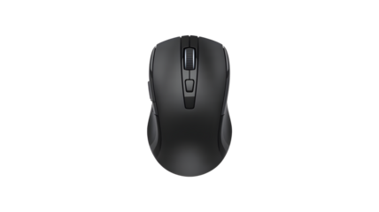 A sleek modern dark grey computer mouse positioned centrally on a solid black background showcasing its ergonomic design and scroll wheel