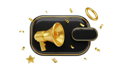 Golden Megaphone and Confetti with Black & Gold Banner