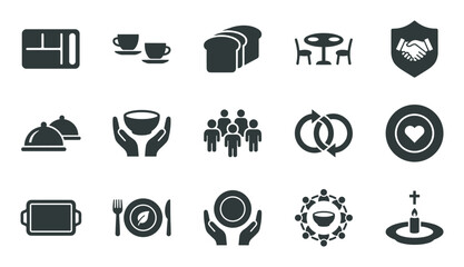 Collection of flat glyph icons representing community, food sharing, charity, and fellowship with symbols for meals, people, support, and Christian faith for graphic design