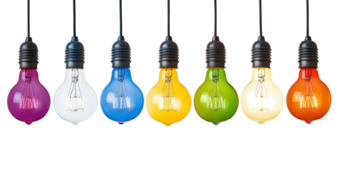 set of colorful light bulbs hanging in row isolated on white or transparent png