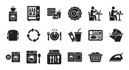 Plakat Collection of black minimalist glyph icons for laundromat and cafeteria services, including washing machines, food trays, vending machines, and people eating