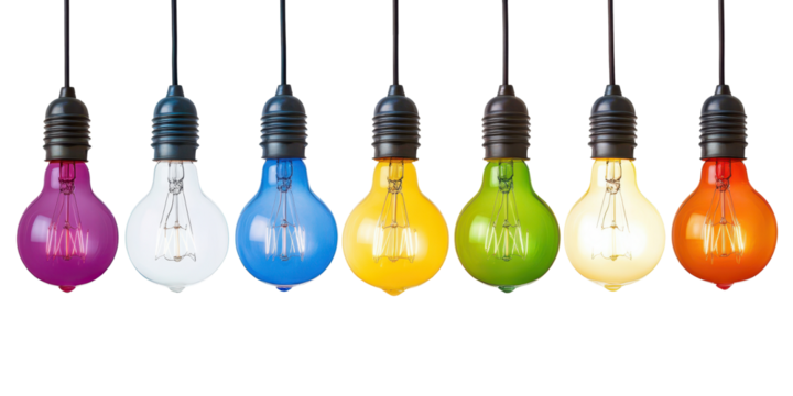 set of colorful light bulbs hanging in row isolated on white or transparent png - Powered by Adobe