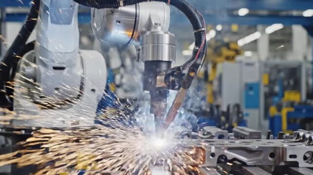 Close up of robotic arm working static shot industrial lighting.mp4