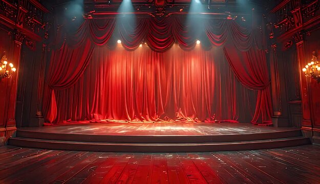 Elegant Red Velvet Stage With Dramatic Lighting And Glittering Floor Ready For Performance