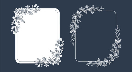 Two vertical rectangular frames featuring delicate white floral border illustrations against a dark charcoal blue background.