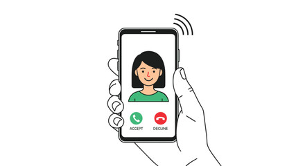 Line art illustration of a hand holding a smartphone with a female contact avatar and green accept and red decline buttons.