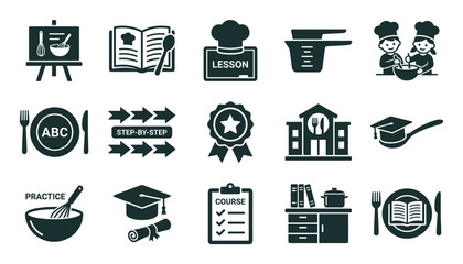 Collection of black culinary school icons representing cooking lessons, recipes, graduation, and step-by-step training in a simple flat vector style for educational concepts