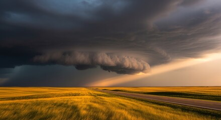 Dramatic storm clouds over golden wheat field with road, sunset light, natural phenomenon