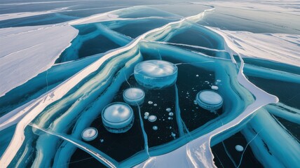 Futuristic 3D Isometric Illustration of Cryogenic Storage Facility with Glossy Blue Ice and Silver Domes