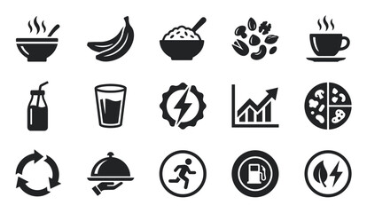 Collection of black glyph icons representing food, energy, and activity concepts like breakfast, performance, fuel, and sustainability in a simple flat vector graphic style