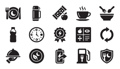 Diverse set of black solid icons related to food, energy, and daily routines, featuring minimalist symbols for meals, drinks, snacks, and recharging concepts