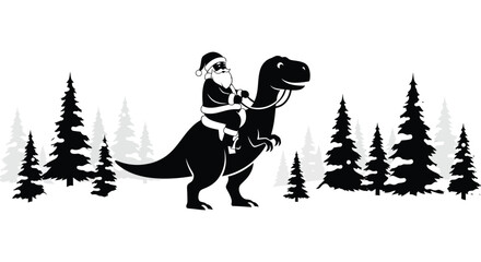 A whimsical depiction of santa claus riding a tyrannosaurus rex through a winter forest landscape silhouette © mrvect02