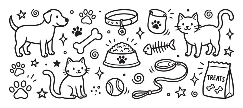 Set of cute pet care doodles featuring a dog, cats, food, toys, and accessories in a simple hand-drawn black line art cartoon style illustration