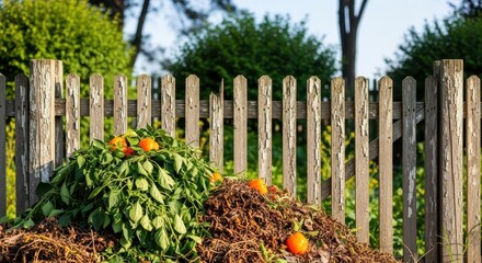 Fresh tomatoes and lush greenery piled high next to a weathered wooden fence in a rustic garden compost setting