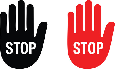 Fototapeta premium Minimalist Safety and Caution Hand Icons, Prohibition Sign: Open Palm with Stop Text, Pair of Warning Hand Symbols, silhouette, illustration, vector