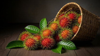Fototapeta premium Realistic image of fresh rambutan fruits with green leaves in and around a woven basket, placed on a rustic wooden table, featuring dramatic lighting and rich natural textures.