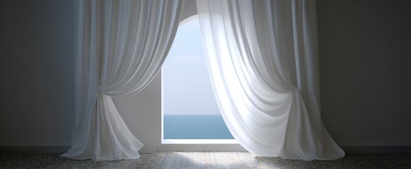 White curtains sway gently as fresh air fills the room with openness.