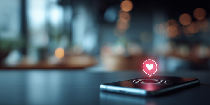 Smartphone displaying heart symbol in a modern cafe setting   - Powered by Adobe
