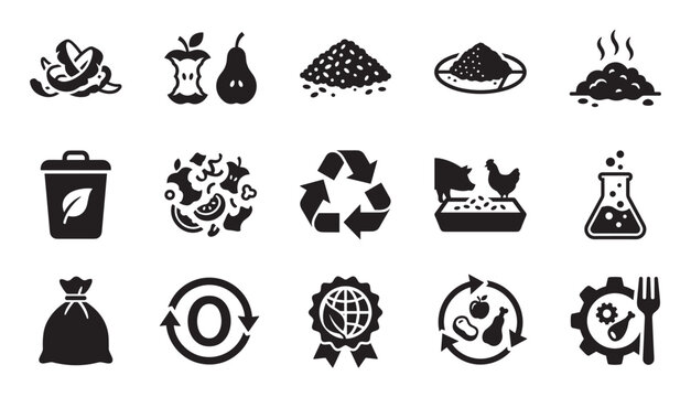 Food waste management and recycling icon set with black glyphs representing composting, organic trash, sustainability, and circular economy principles