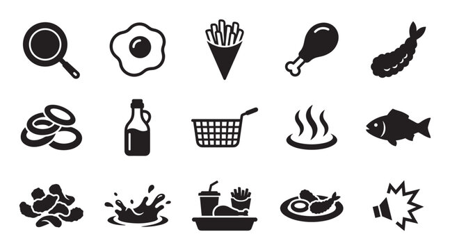 Collection of black fried food icons representing various meals and cooking elements like a frying pan, egg, french fries, chicken, shrimp, and onion rings in a simple glyph style