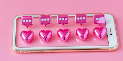Pink smartphone with heart and chat icons on pastel background  