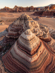 Stunning aerial view of layered sedimentary rock formations in a desert landscape, featuring intricate colorful sandstone patterns and sand dunes under warm morning light.