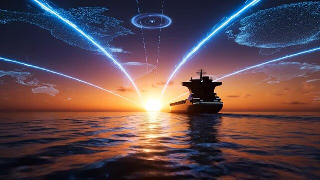 Ship sailing at sunset over ocean. Carrier silhouette links to global network. Technology overlays emphasize logistics and transport. Image suggests maritime connectivity. Visual style futuristic.