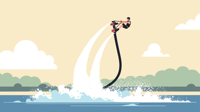 Man flyboarding over water with splashes and clouds in minimalist style