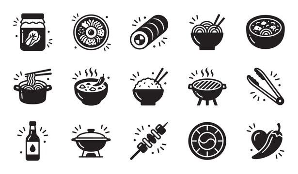 Collection of black glyph icons representing Korean food and cuisine, including kimchi, bibimbap, kimbap, noodles, barbecue, and spicy chili pepper symbols in a simple vector style