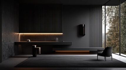 Dark modern interior design showcasing a minimalist kitchen.