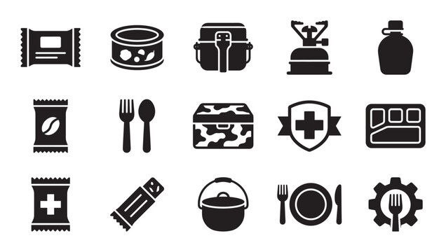 Survival food and camping equipment icon set with black glyphs of MRE, canned rations, portable stove, mess kit, and emergency supplies for preparedness