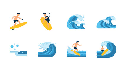 Surfing adventure icons: minimalist wave and surfer designs for ocean enthusiasts