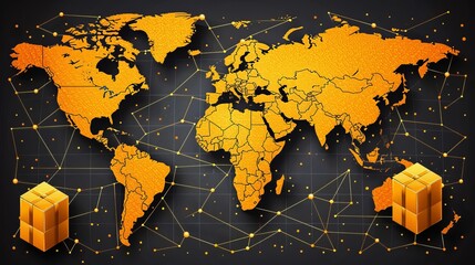 Orange cubes symbolize packages linked by lines on a stylized world map of global delivery networks