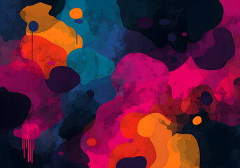 Colorful abstract watercolor background with flowing shapes in pink, orange, blue, and dark purple tones